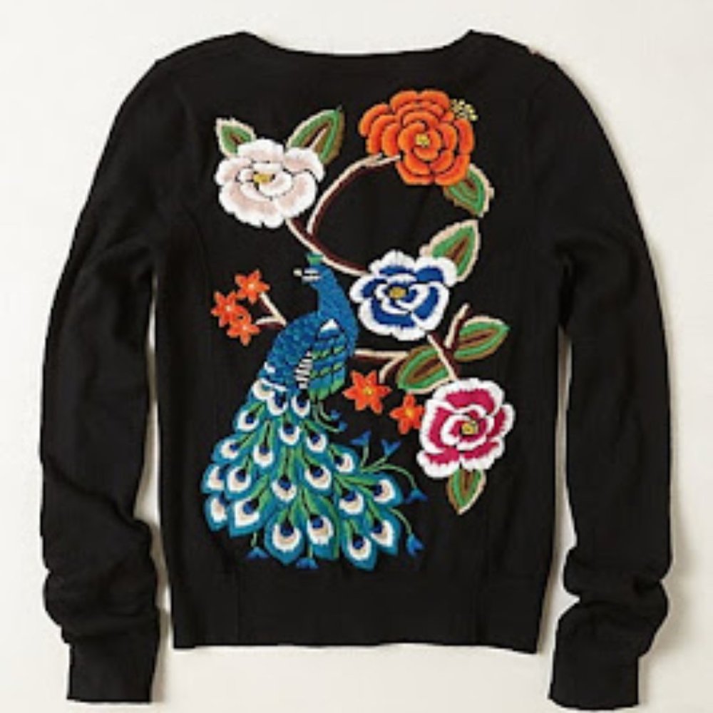 HWR Anthropologie Peacock Embroidery Cardigan Sweater XS RARE